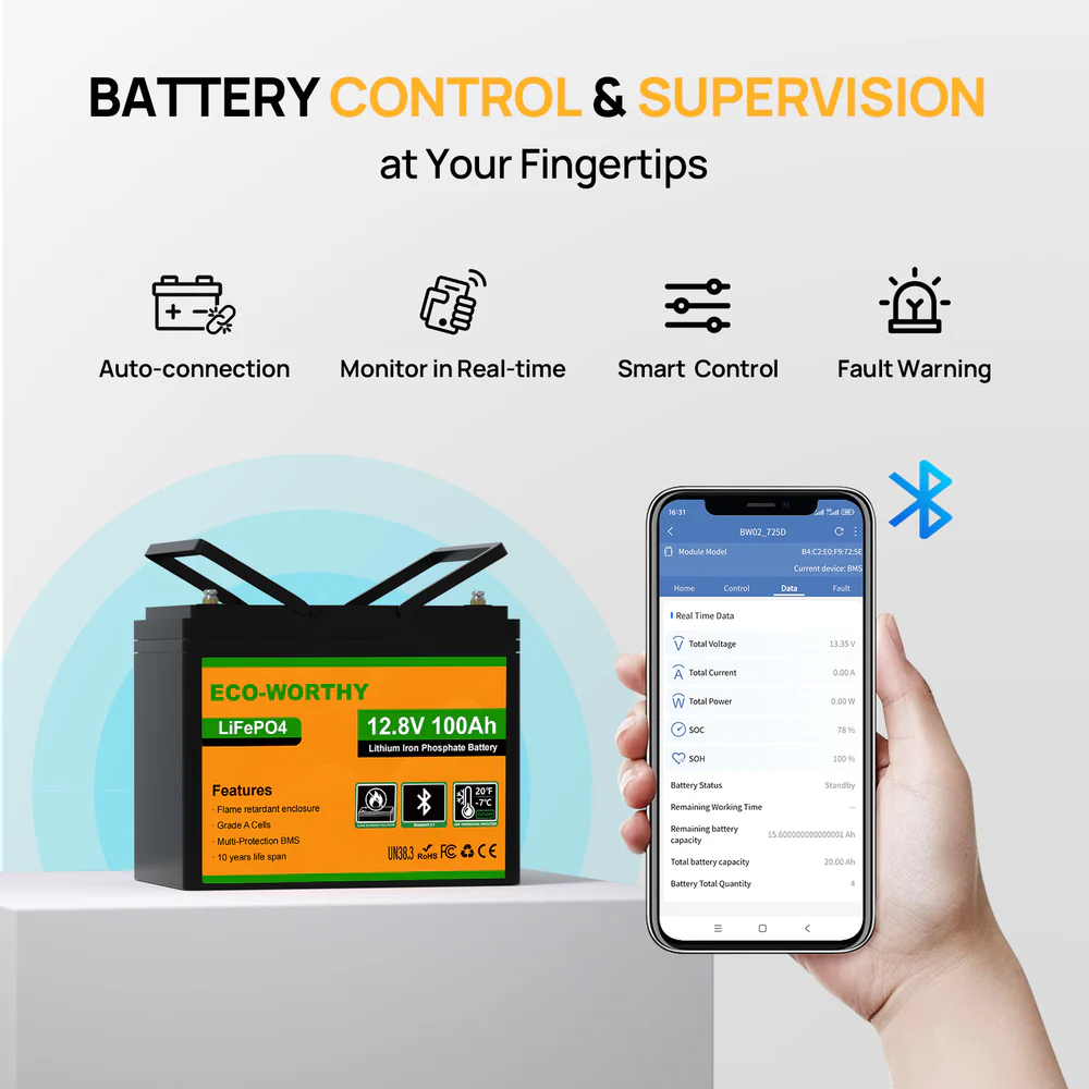 Eco-Worthy 12V 100Ah LiFePO4 Lithium Battery with Bluetooth - Image 2