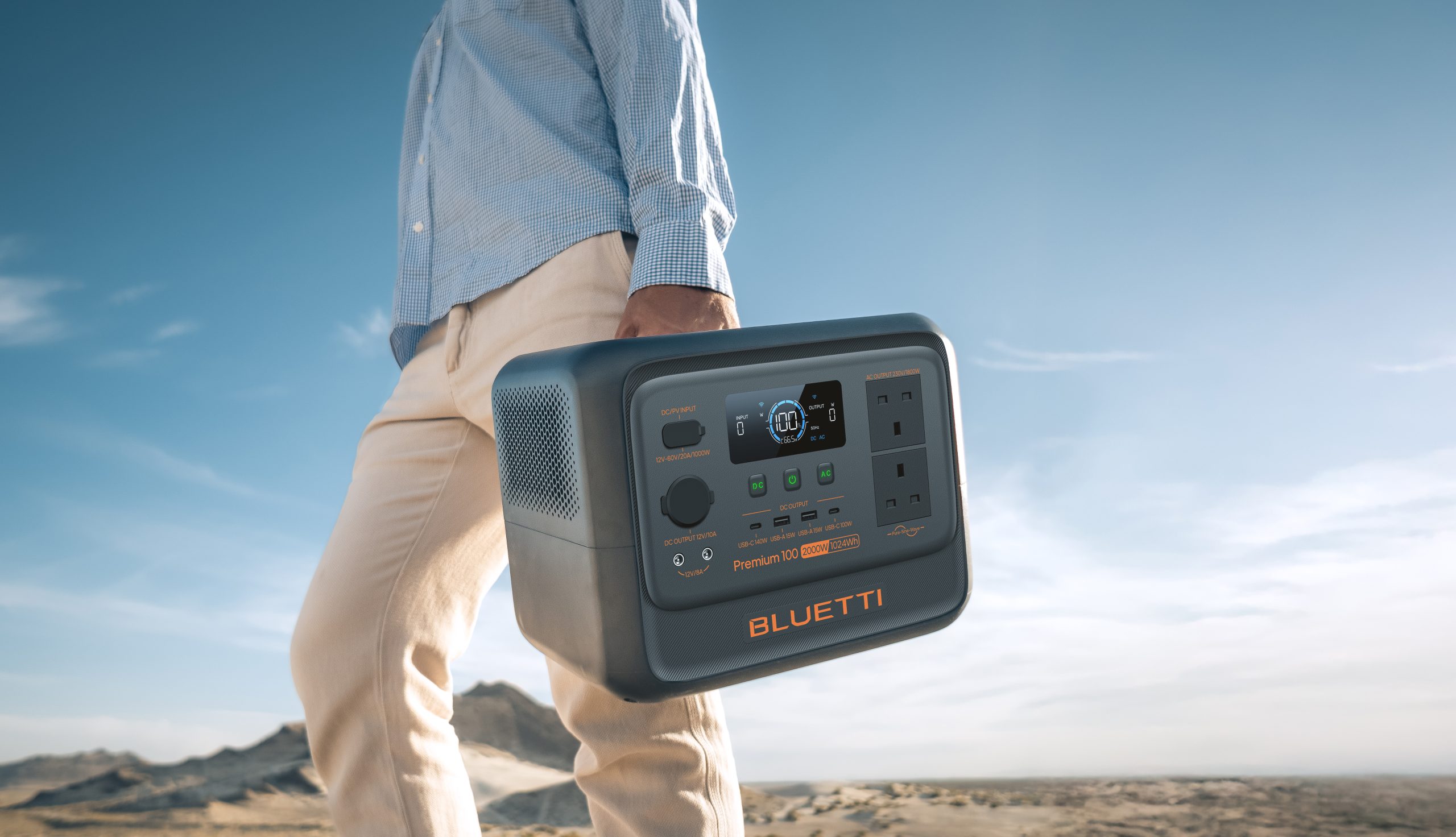 Features imgage, someone carrying a bluetti showcasing campervan and van life
