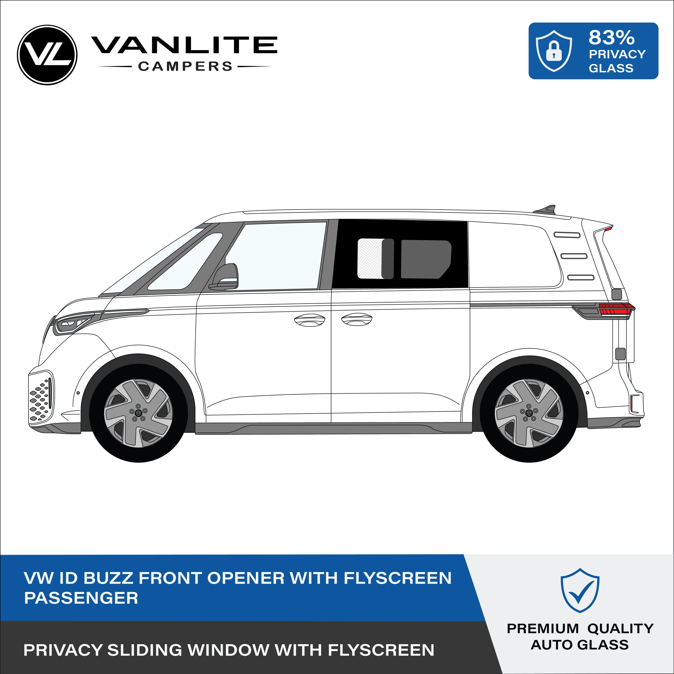 VW ID Buzz Side Load Door Front Panel Half Slider L/H (Passenger Side) Privacy Glass with Flyscreen