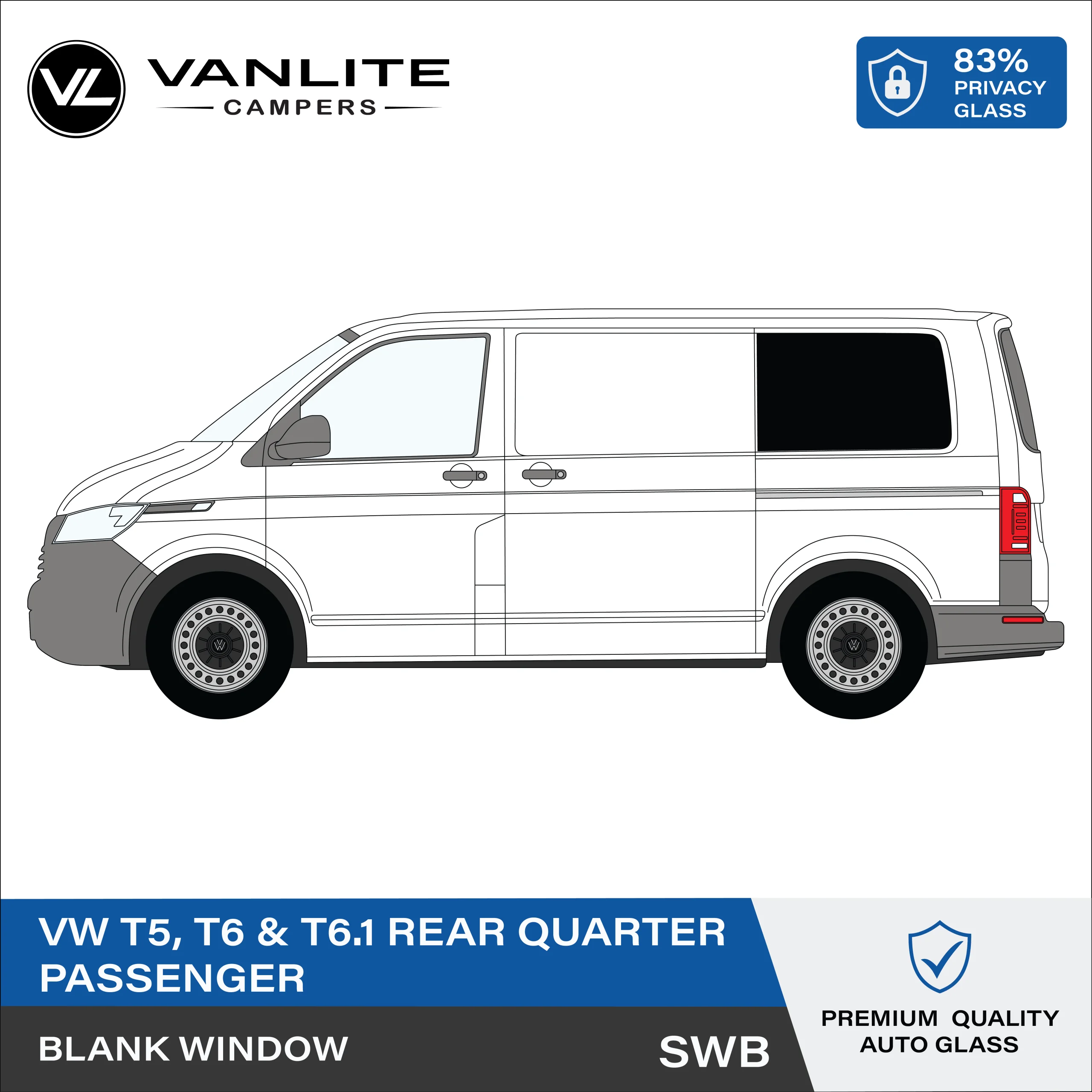 VW Transporter T5/T6/T6.1 Rear Quarter Window SWB L/H (Passenger Side) Blank Glass