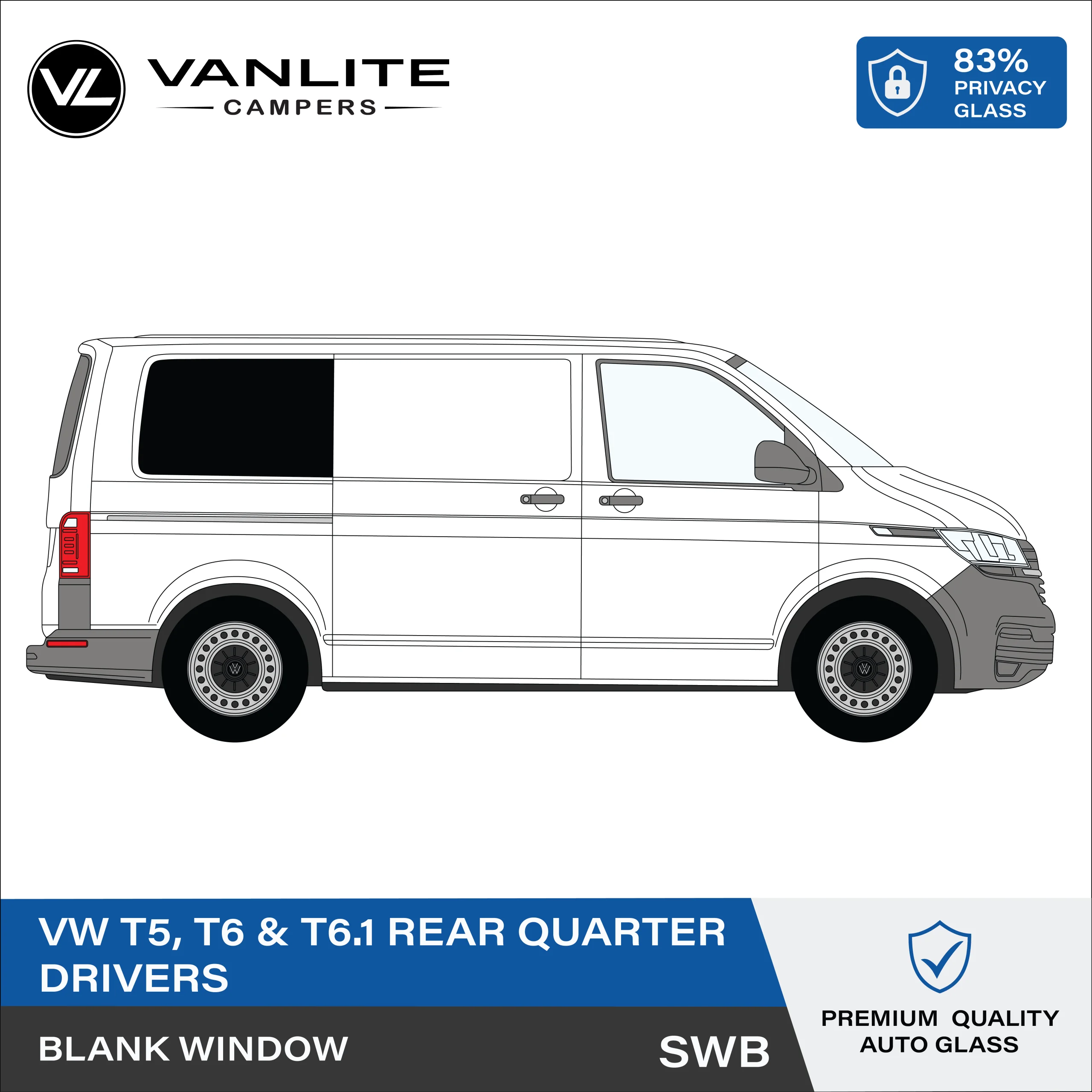VW Transporter T5/T6/T6.1 Rear Quarter Window SWB R/H (Driver Side) Blank Glass