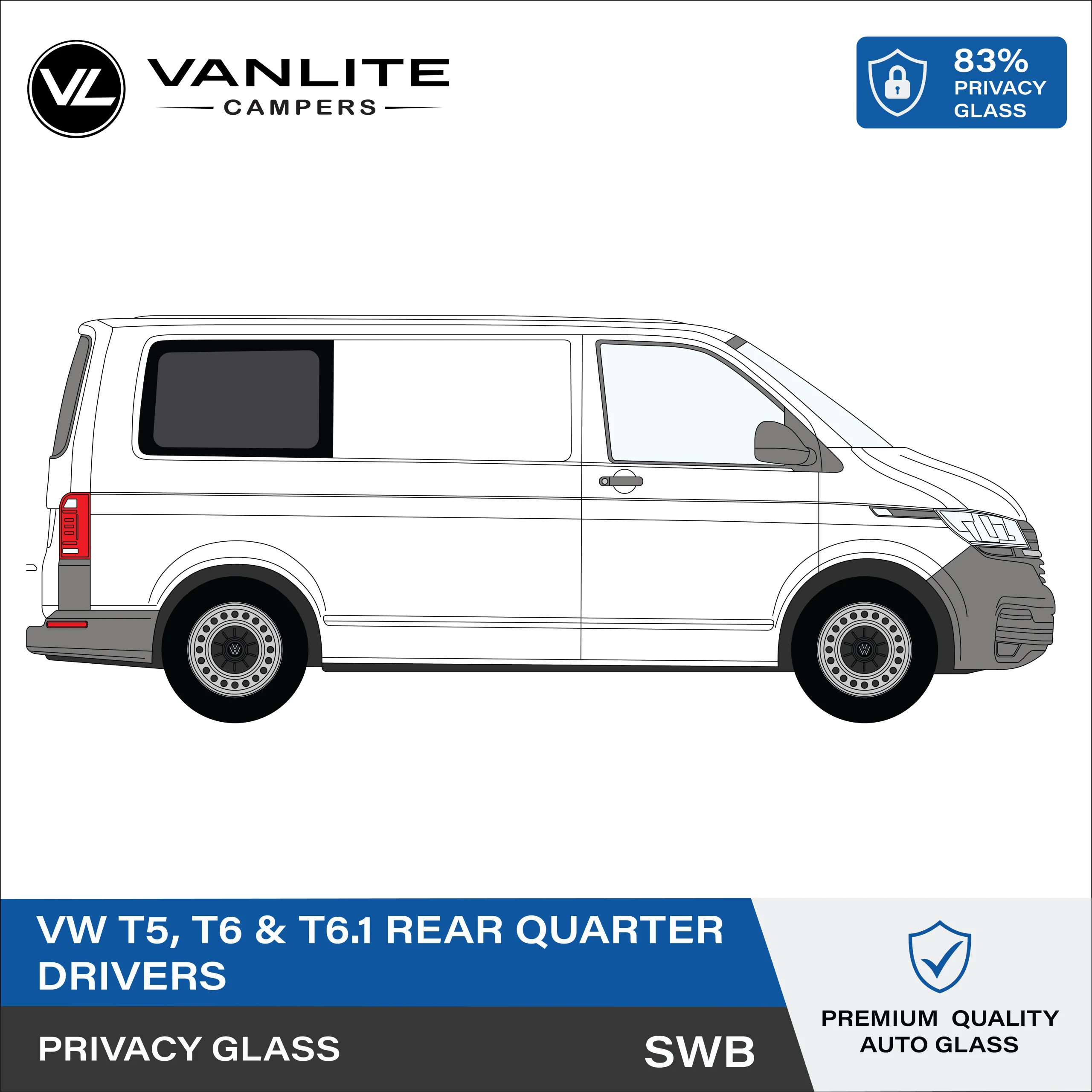 VW Transporter T5/T6/T6.1 Rear Quarter Window SWB R/H (Driver Side) Privacy Glass
