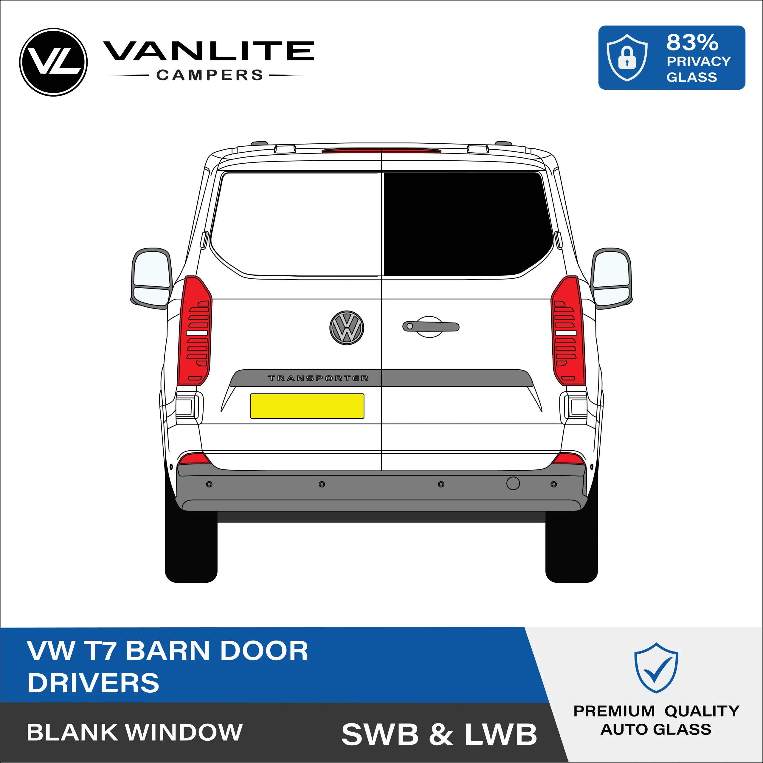 VW Transporter T7 Barn Door Window R/H (Driver Side) Blank Glass