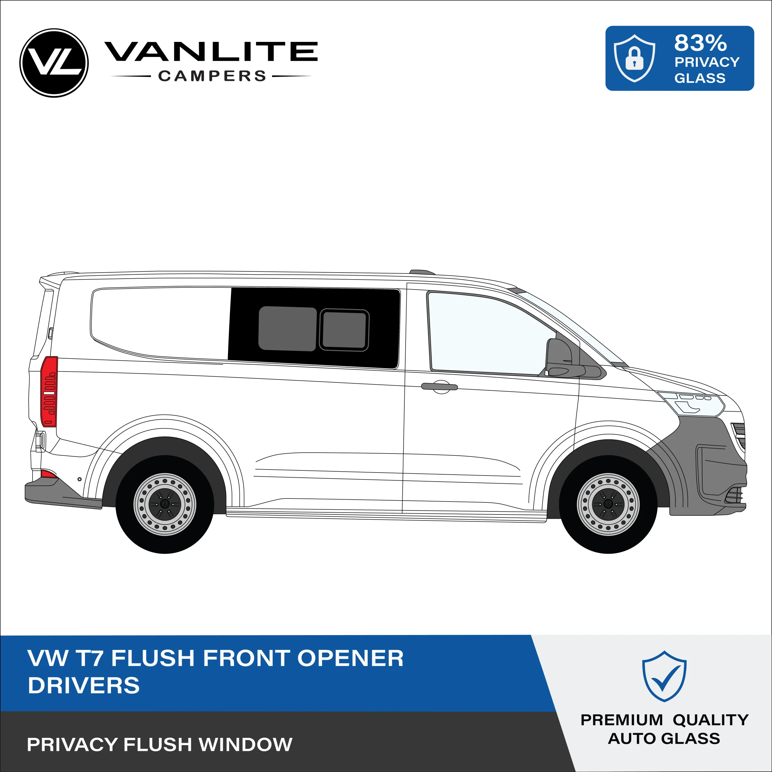 VW Transporter T7 Flush Half Slider Window R/H (Driver Side) Privacy Glass