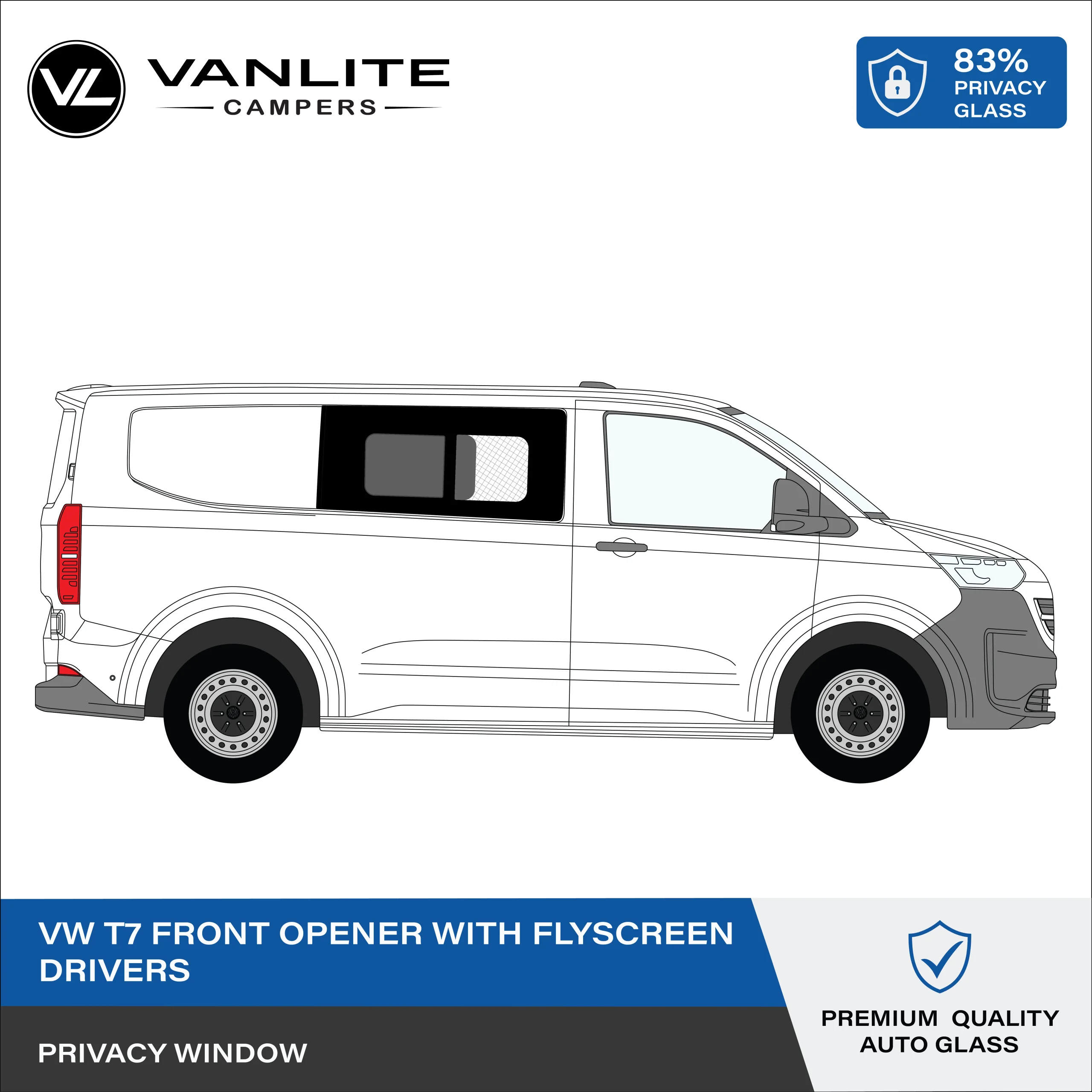 VW Transporter T7 Front Half Slider Window R/H (Driver Side) Privacy Glass + Flyscreen