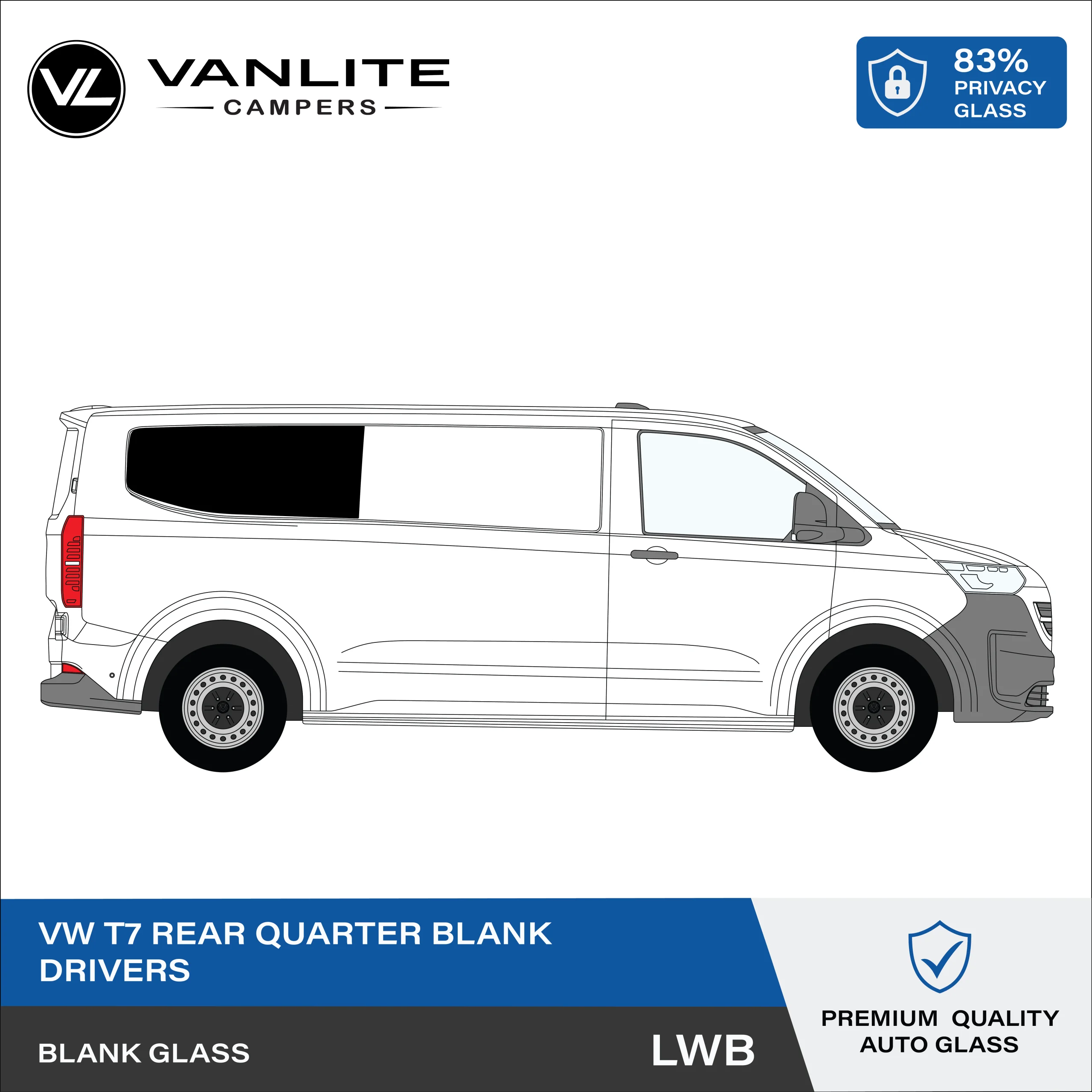 VW Transporter T7 Rear Quarter Window LWB R/H (Driver Side) Blank Glass