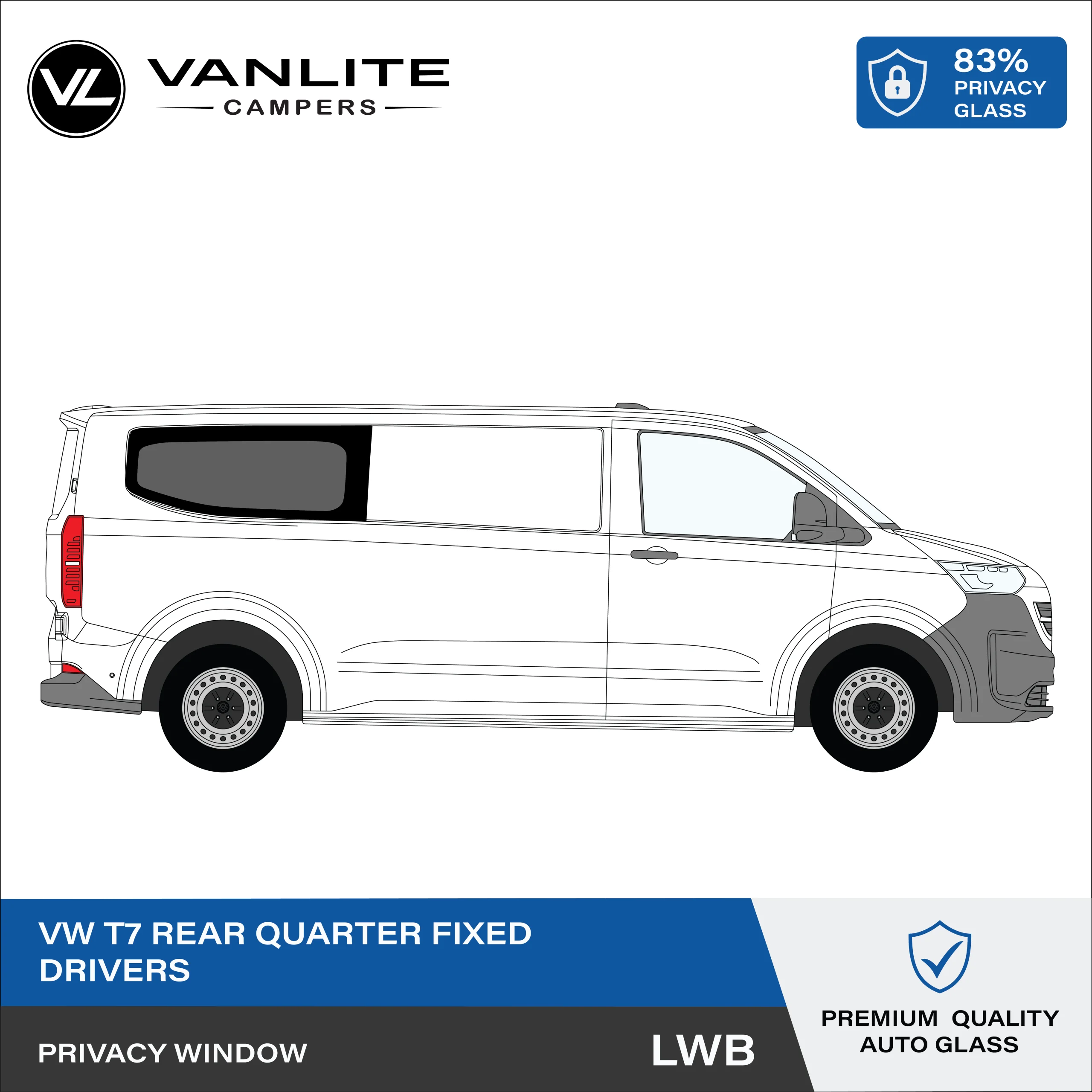 VW Transporter T7 Rear Quarter Window LWB R/H (Driver Side) Privacy Glass