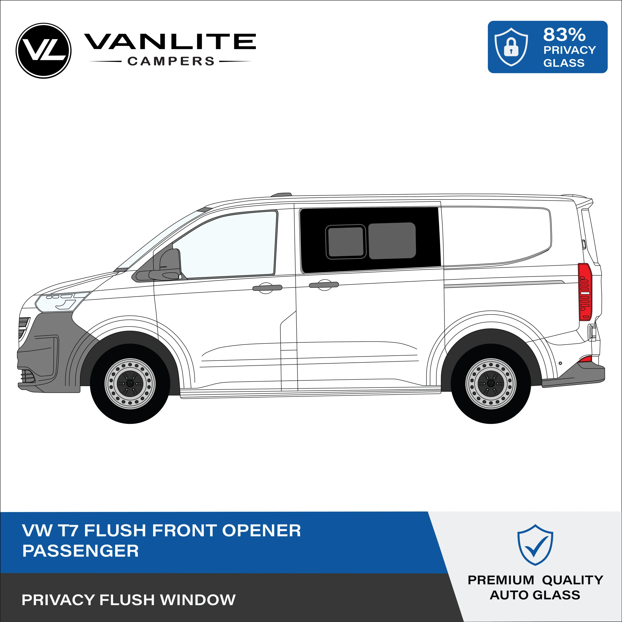 VW Transporter T7 Flush Half Slider Window L/H (Passenger Side) Privacy Glass