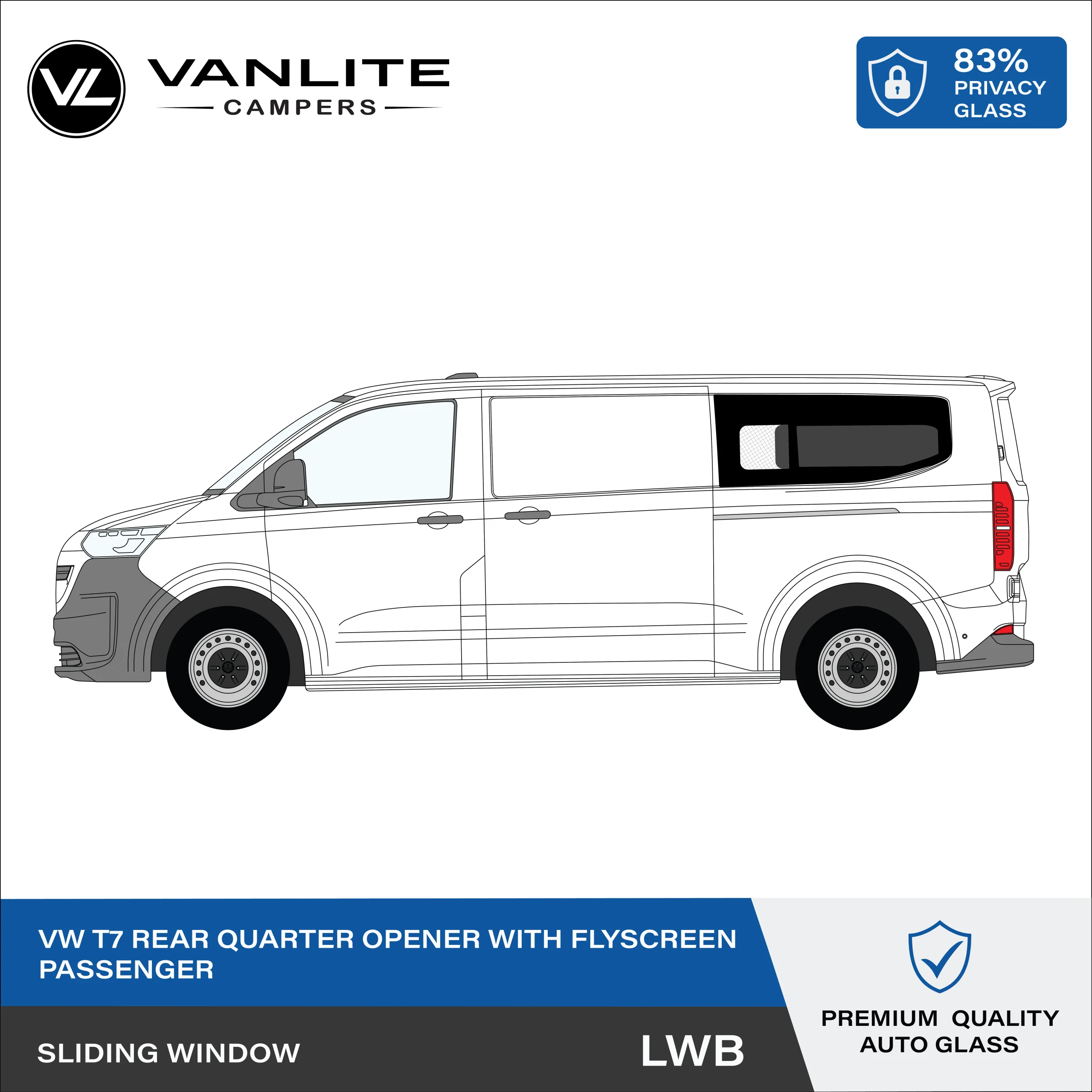 VW Transporter T7 Rear LWB Half Slider Window L/H (Passenger Side) Privacy Glass