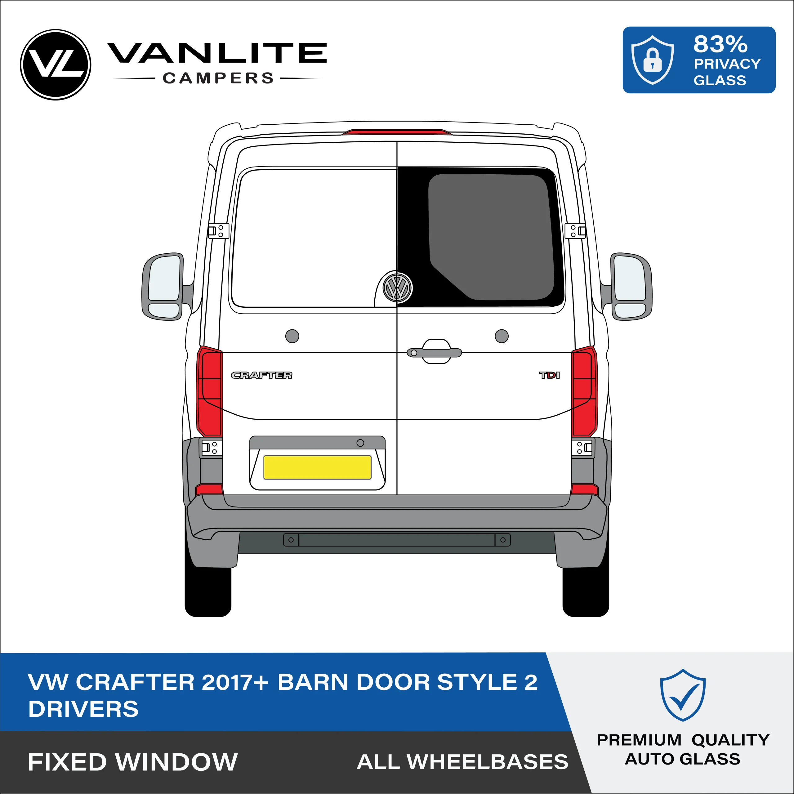 VW Crafter 2017+ Barn Door Window R/H (Driver Side) Privacy Glass - Logo Cut-Out