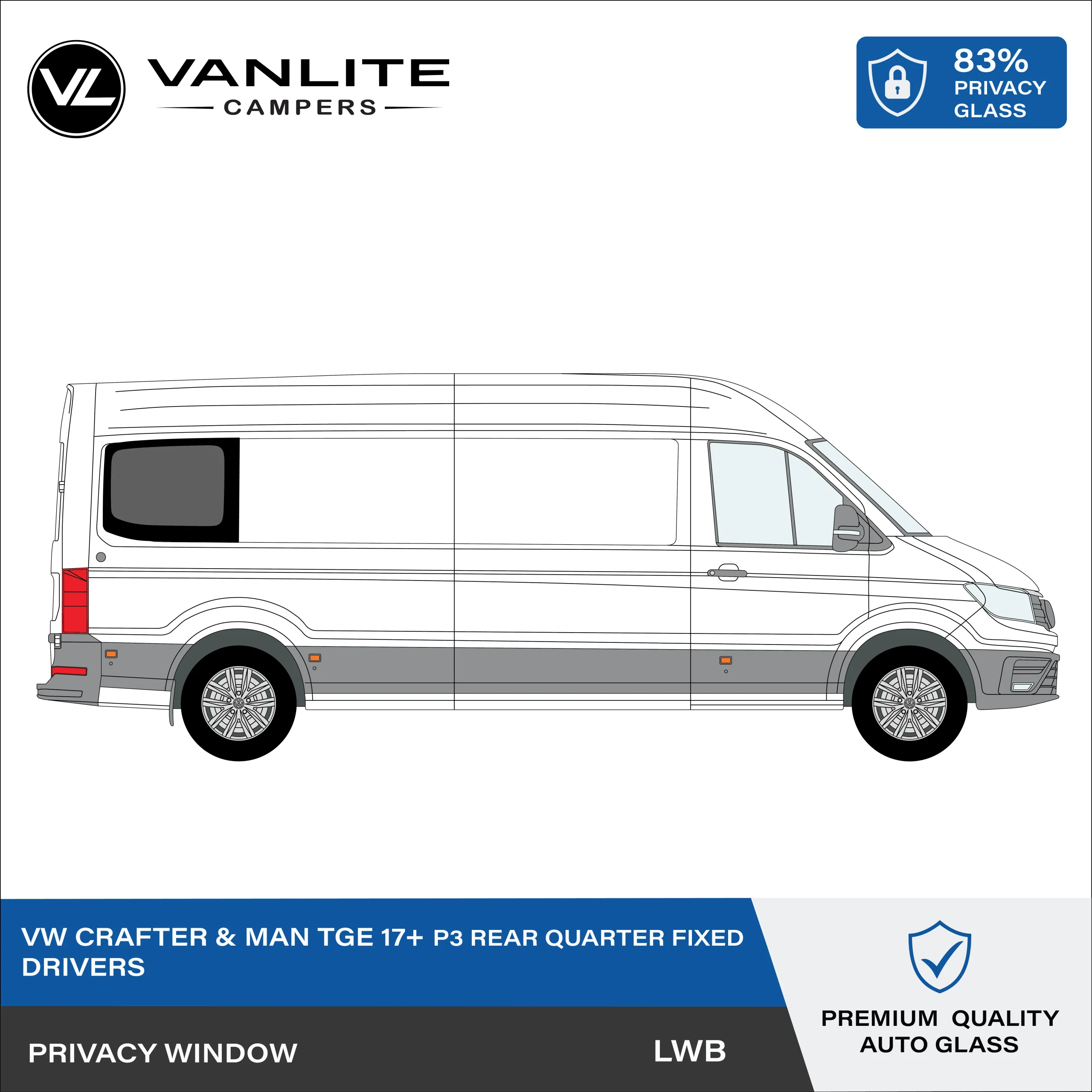 VW Crafter 2017+ / MAN TGE P3 LWB Window R/H (Driver Side) Privacy Glass