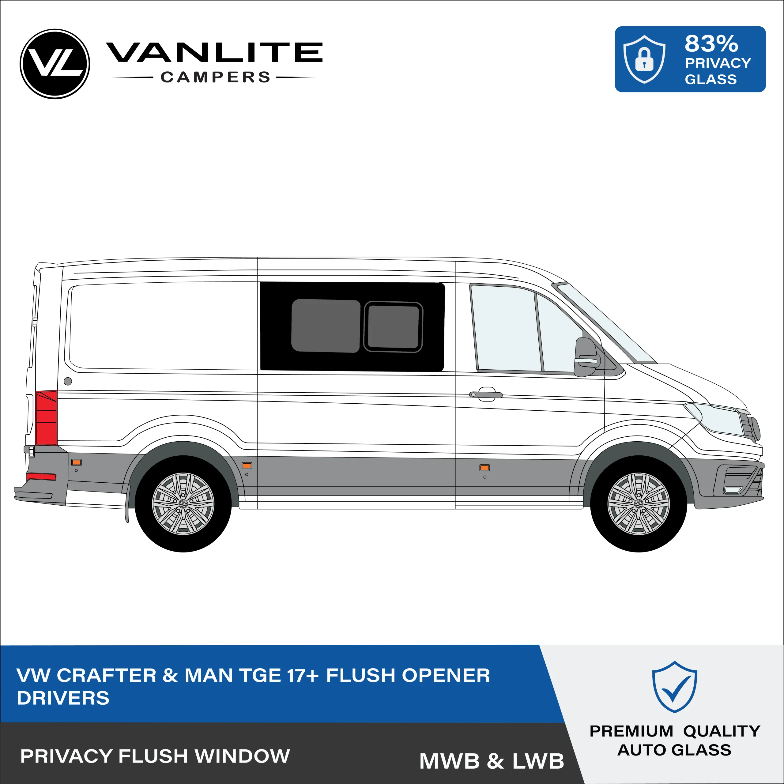 VW Crafter 2017+ / MAN TGE Flush Half Slider Window R/H (Driver Side) Privacy Glass