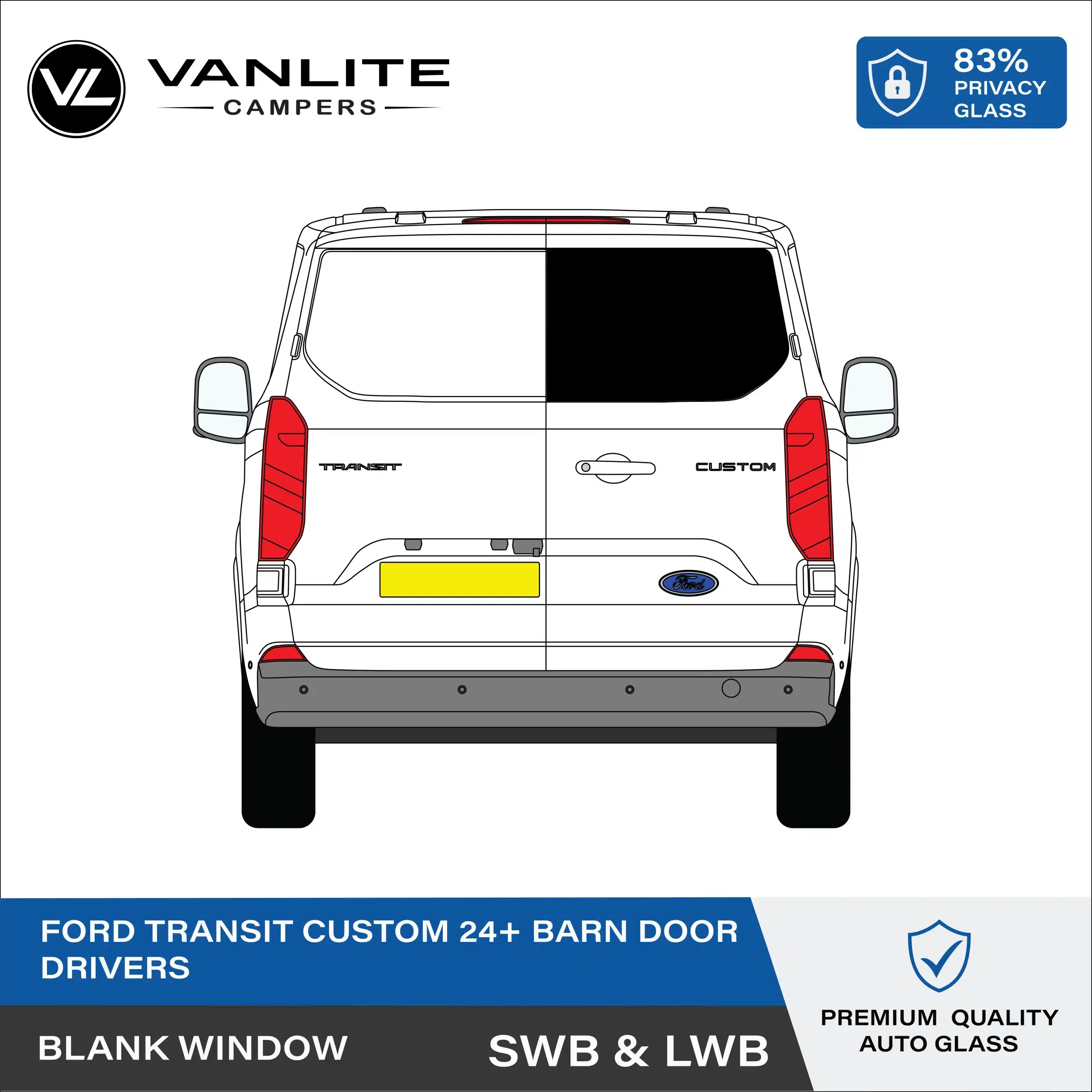 Ford Transit Custom 2024+ Barn Door Window R/H (Driver Side) Blank Glass
