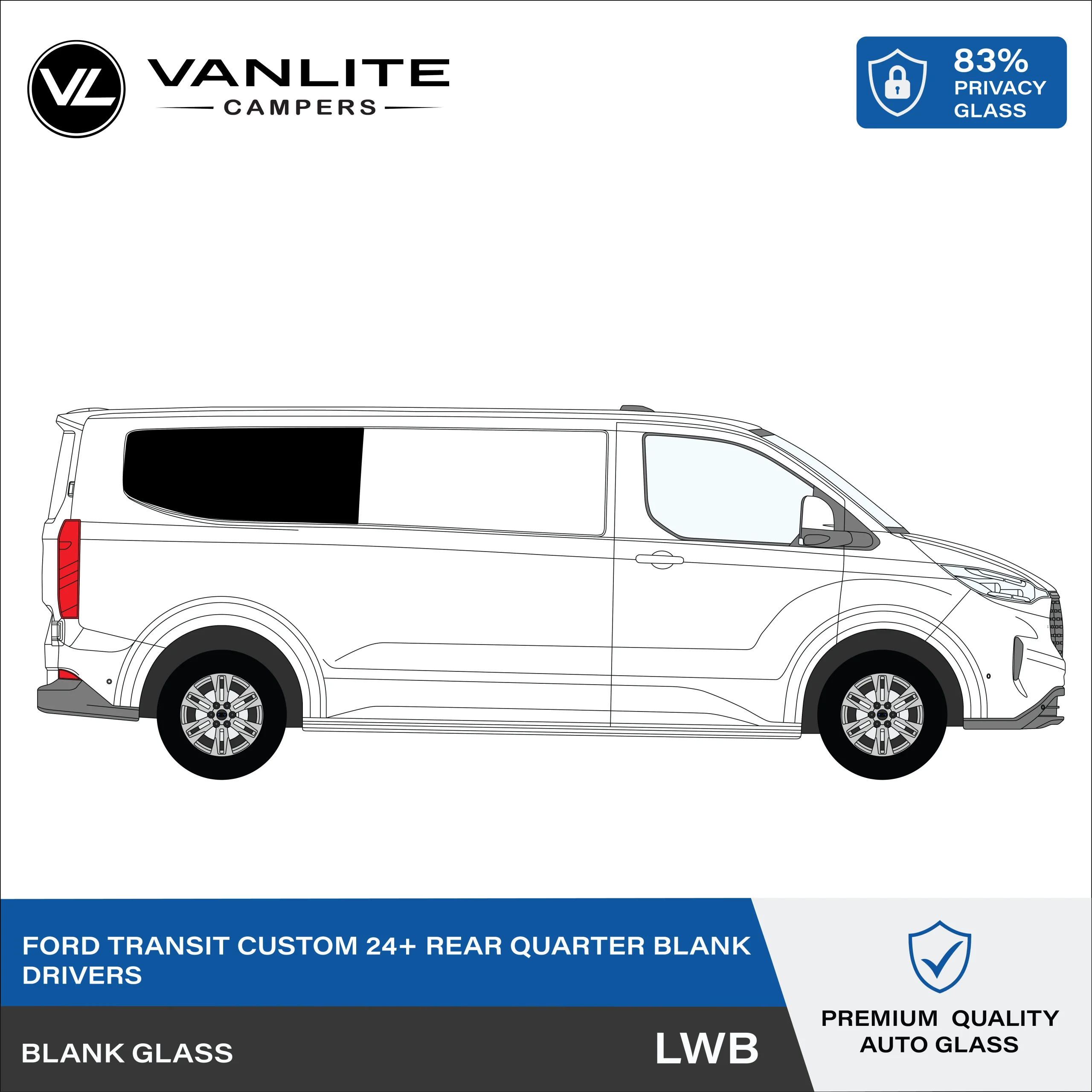 Ford Transit Custom 2024+ Rear Quarter Window LWB R/H (Driver Side) Blank Glass
