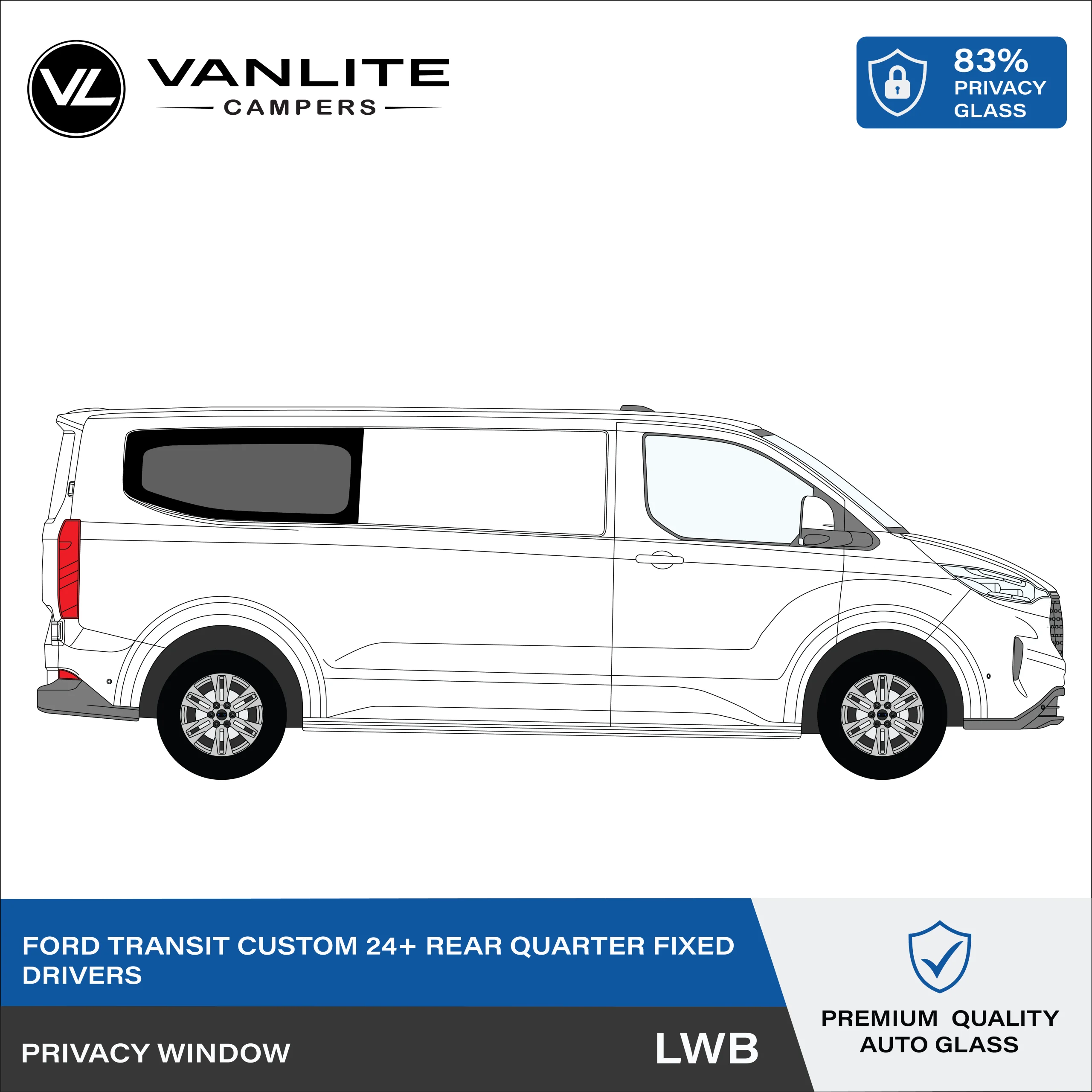 Ford Transit Custom 2024+ Rear Quarter Window LWB R/H (Driver Side) Privacy Glass