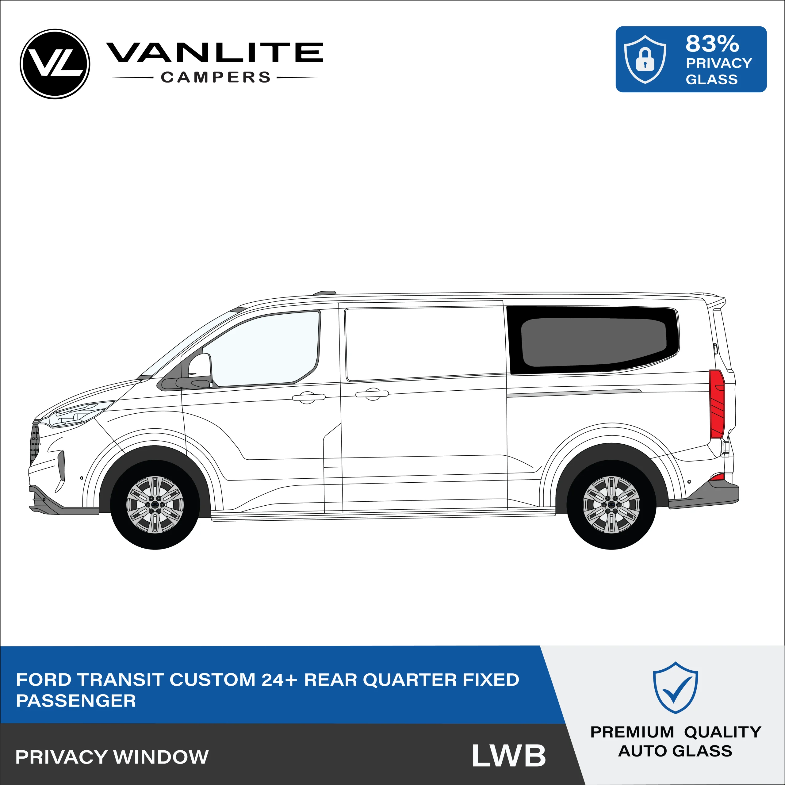 Ford Transit Custom 2024+ Rear Quarter Window LWB L/H (Passenger Side) Privacy Glass