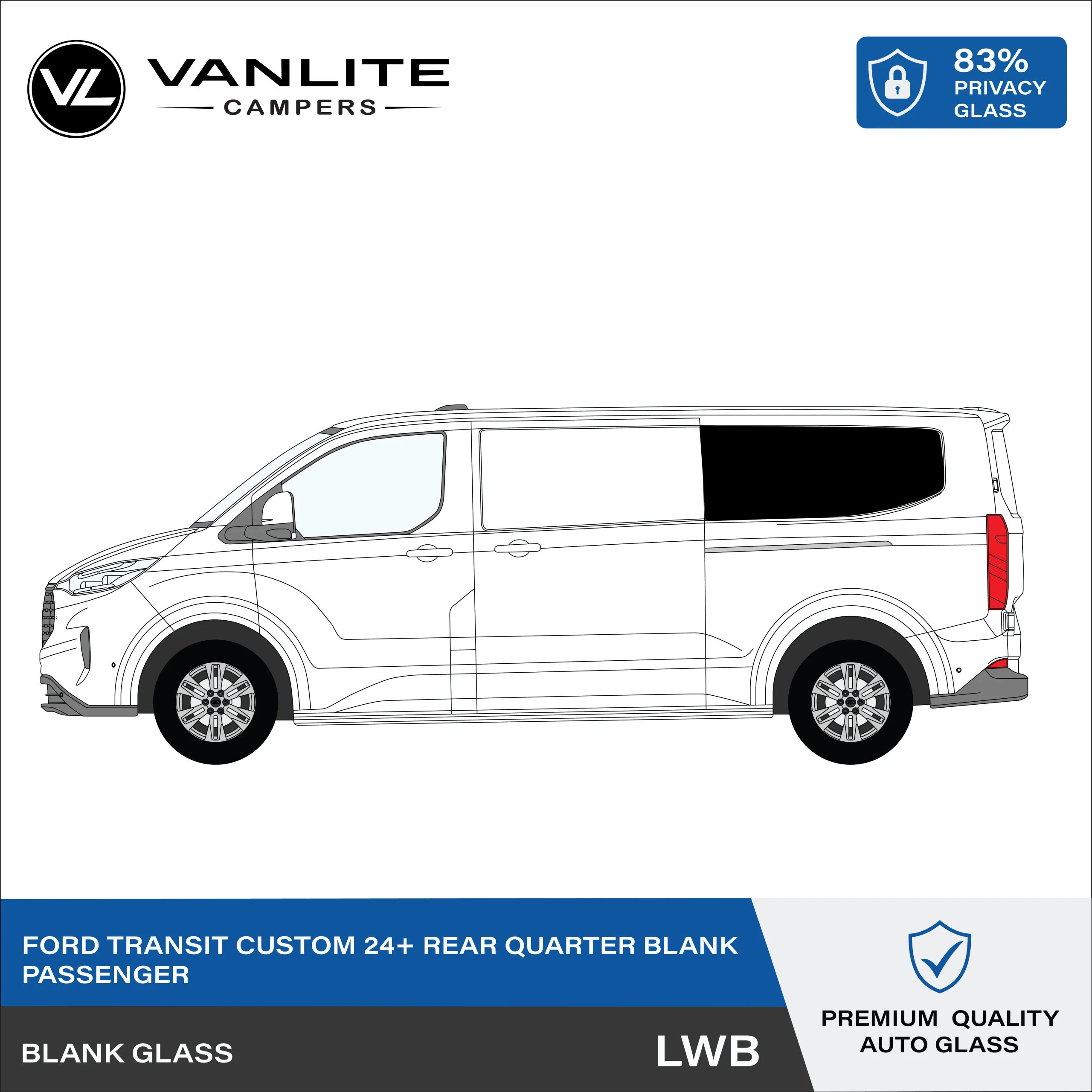 Ford Transit Custom 2024+ Rear Quarter Window LWB L/H (Passenger Side) Blank Glass