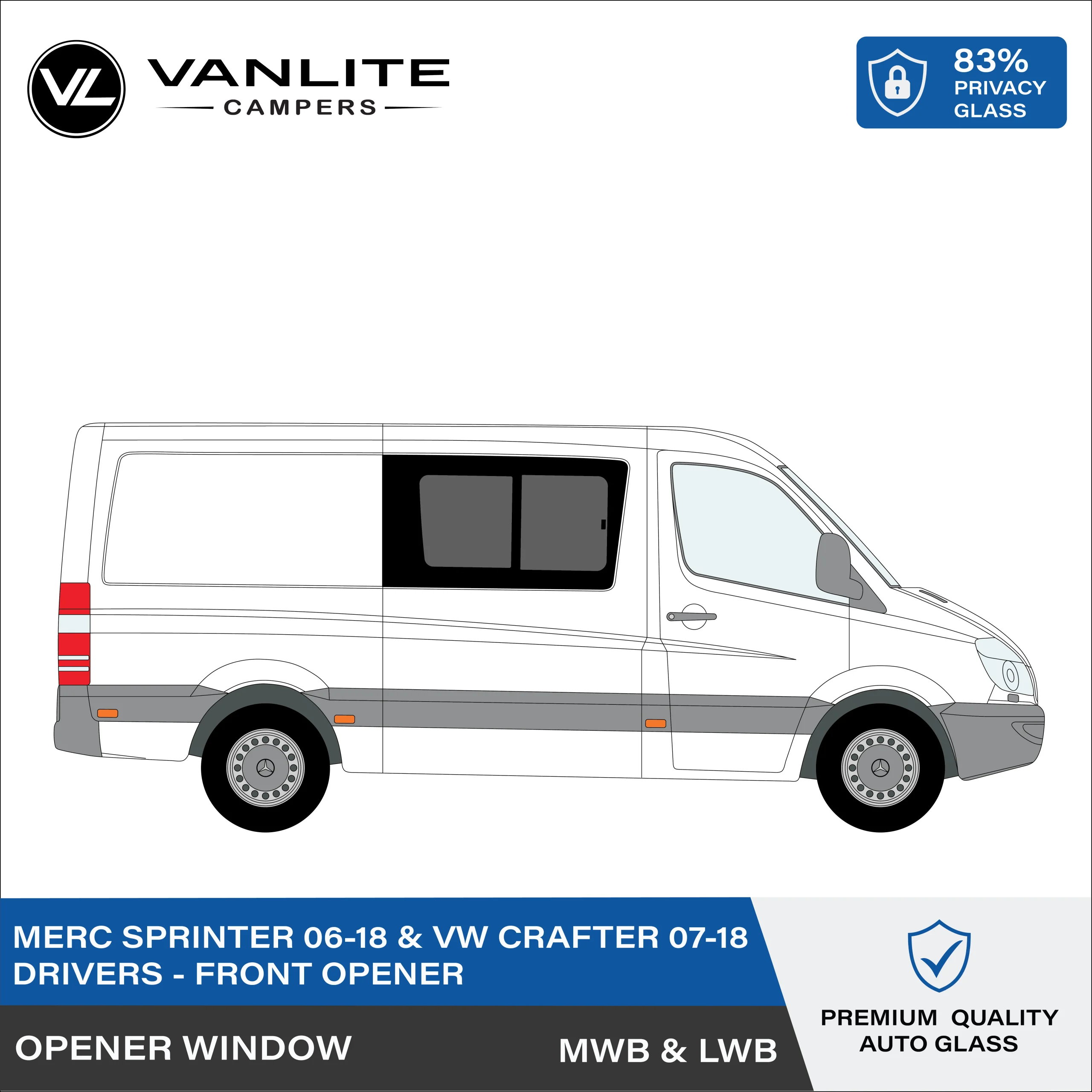VW Crafter 2007-2018 / Mercedes Sprinter 2006+ Front Half Slider Window R/H (Driver Side) Privacy Glass