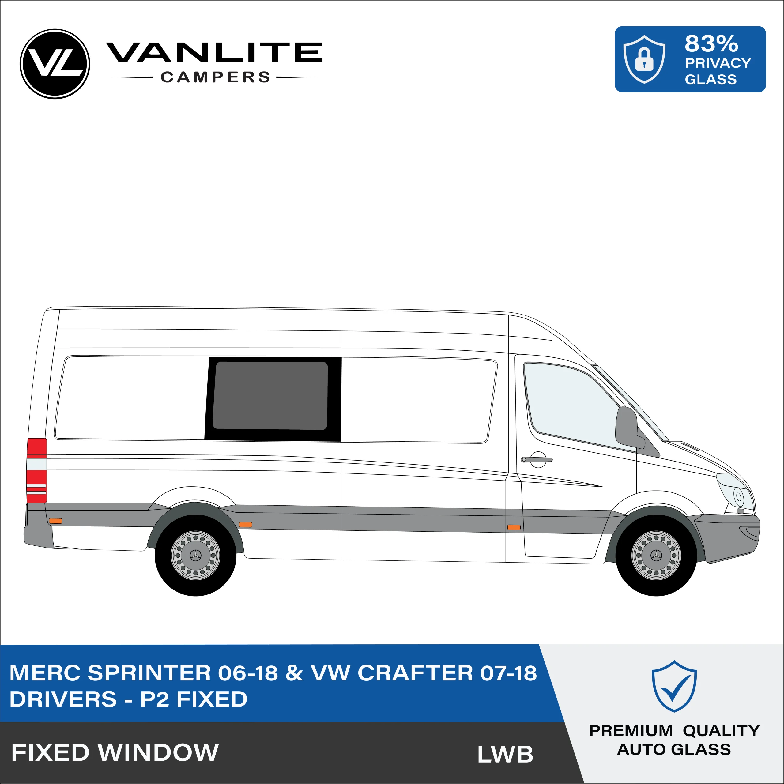 VW Crafter 2007-2018 / Mercedes Sprinter 2006+ P2 LWB Fixed Window R/H (Driver Side) Privacy Glass