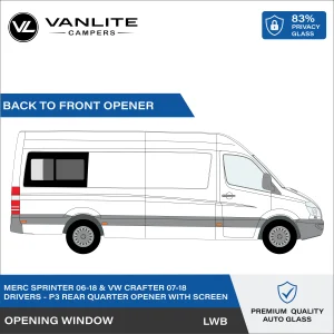 VW Crafter 2007-2018 / Mercedes Sprinter 2006+ P3 LWB Half Slider Window R/H (Driver Side) Privacy Glass with Flyscreen