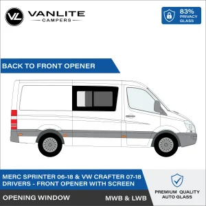 VW Crafter 2007-2018 / Mercedes Sprinter 2006+ Half Slider Window M/LWB R/H (Driver Side) Privacy Glass with Flyscreen
