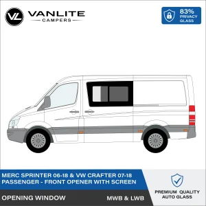 VW Crafter 2007-2018 / Mercedes Sprinter 2006+ Front Half Slider Window L/H (Passenger Side) Privacy Glass with Flyscreen