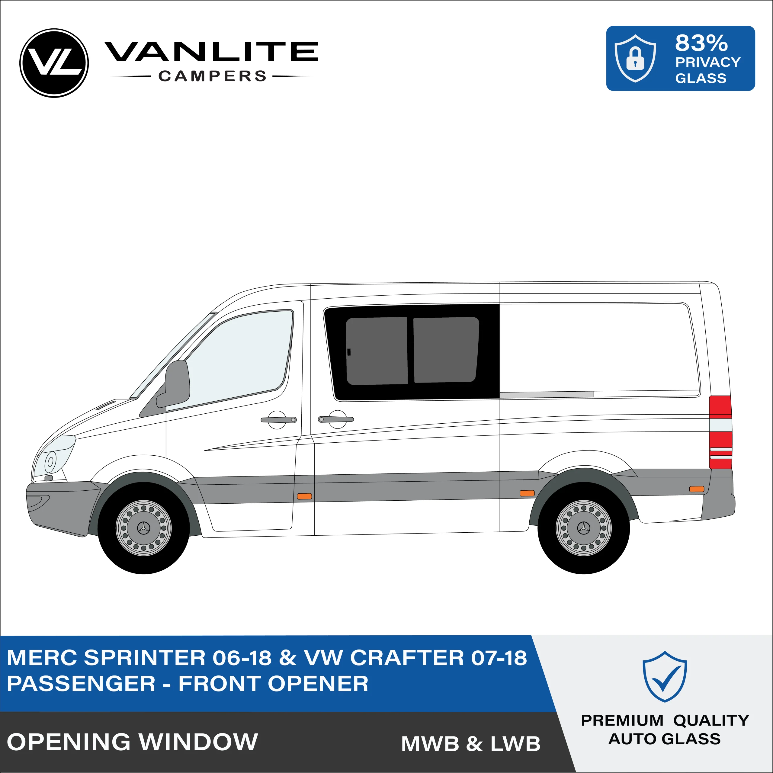 VW Crafter 2007-2018 / Mercedes Sprinter 2006+ Front Half Slider Window L/H (Passenger Side) Privacy Glass