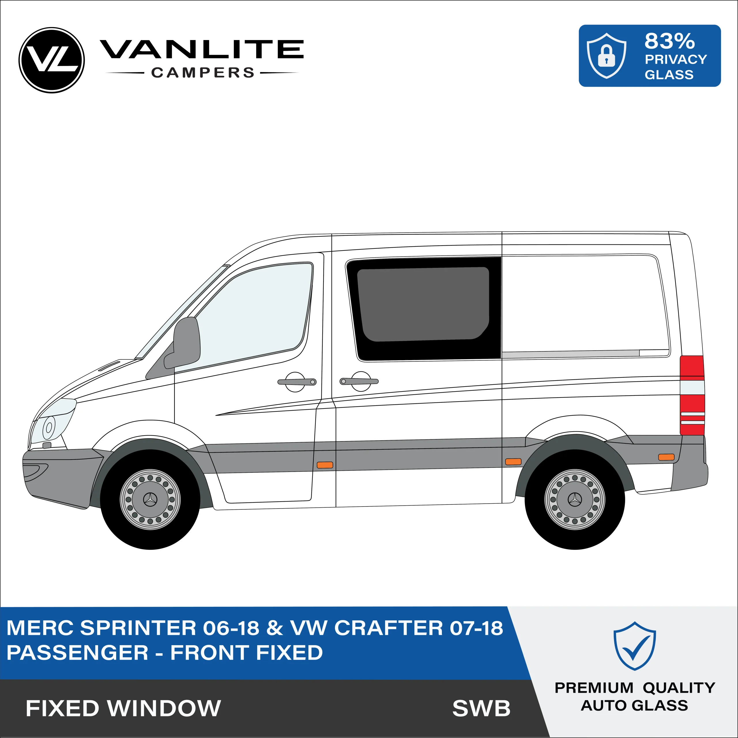 VW Crafter 2007-2018 / Mercedes Sprinter 2006+ Front Fixed Window SWB L/H (Passenger Side) Privacy Glass